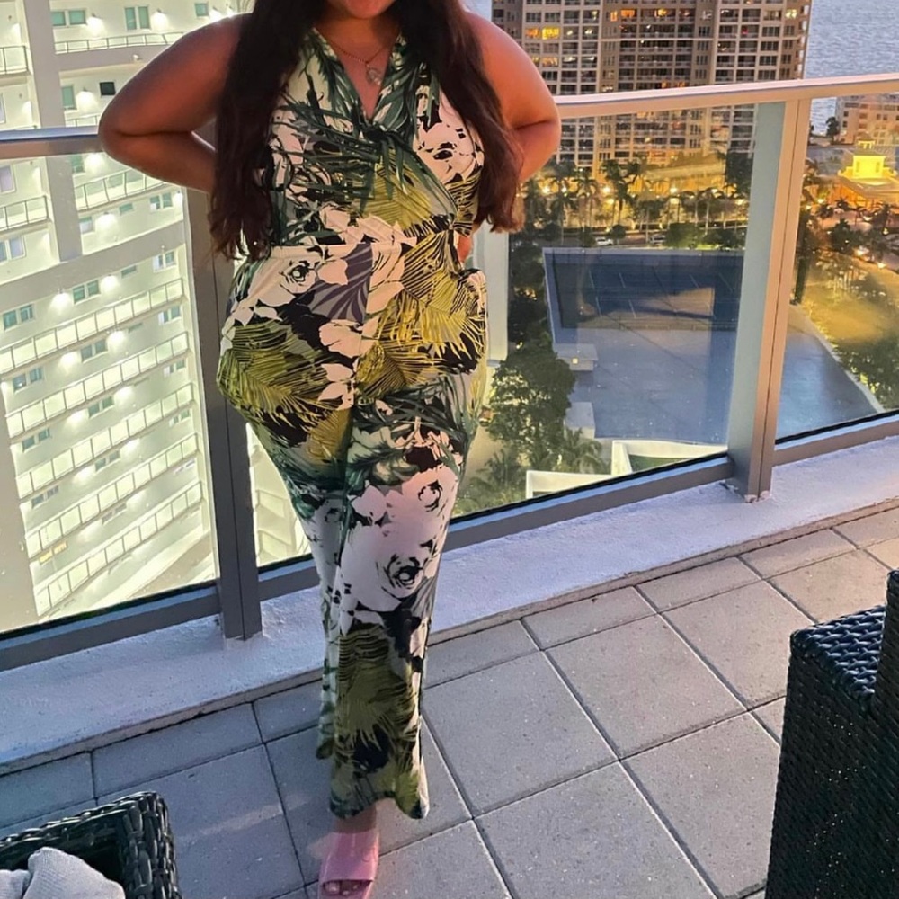 Beautiful palm tree jumpsuit with halter neck.